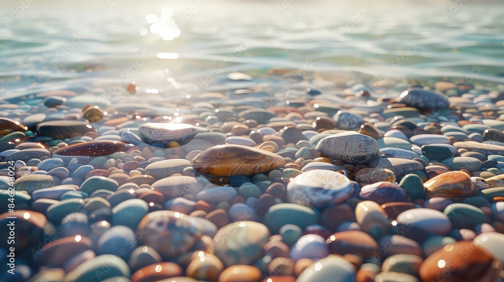 Obraz premium Pebble beach, smooth stones in various colors, wet and glossy, space for text on right, Photorealistic, High Detail