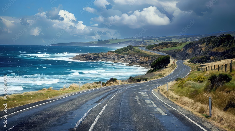 Scenic coastal drive, waves crashing, summer breeze, Realism, Photography Scenic coastal drive, waves crashing, summer breeze, Realism, Photography