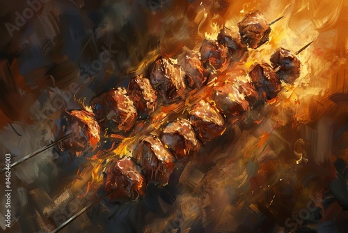 Illustrate an aerial perspective of a succulent meat skewer, charred to perfection, glistening under a warm sunlight, using a traditional oil painting technique,