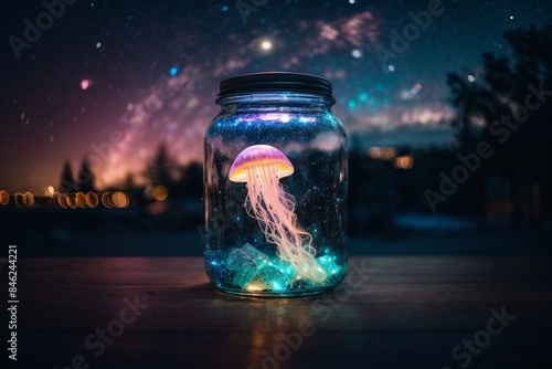 Glowing jellyfish in an aquarium