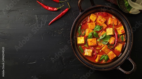 Panang curry with tofu, rich and creamy, vibrant colors, space for text on right, Photorealistic, Warm Tones photo