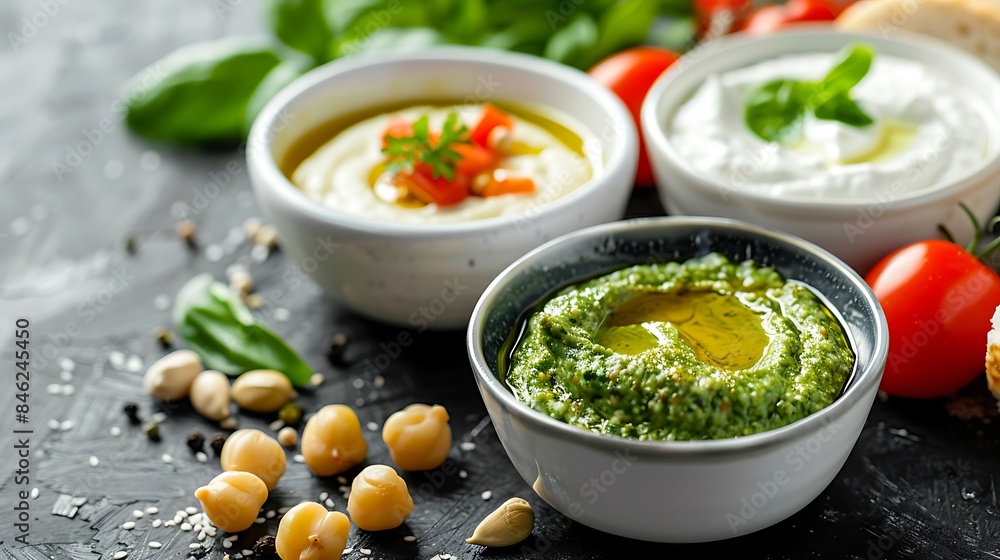 Vegetarian dip yogurt sauce hummus pesto set Vegetarian dip yogurt sauce hummus pesto set