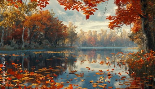 Fototapeta Naklejka Na Ścianę i Meble -  features a lake surrounded by vibrant autumn foliage