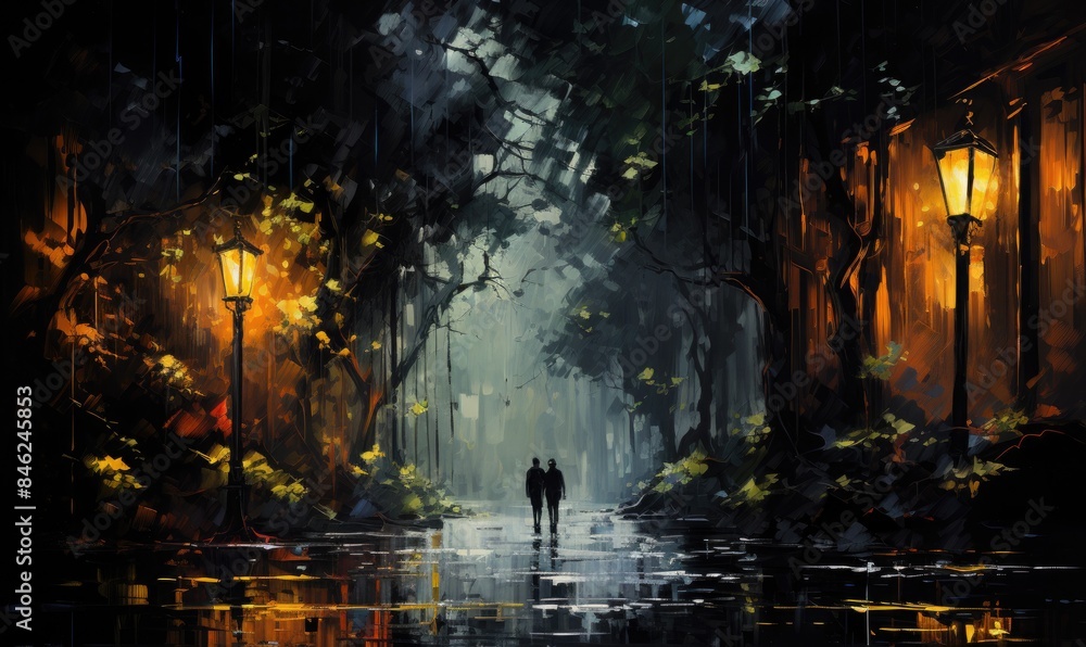 Fototapeta premium Two Figures Walking Through a Misty Forest Path
