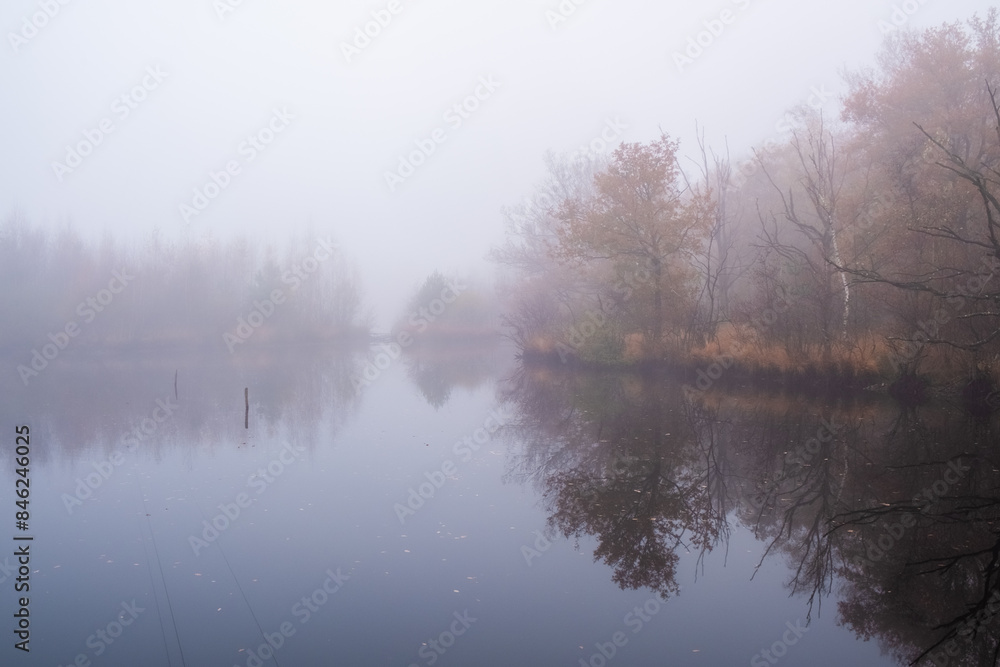 This image encapsulates a hazy autumnal scene at a lake, where the still water creates a perfect mirror for the delicate outlines of trees and shrubs enveloped in mist. The diffuse light and soft This image encapsulates a hazy autumnal scene at a lake, where the still water creates a perfect mirror for the delicate outlines of trees and shrubs enveloped in mist. The diffuse light and soft