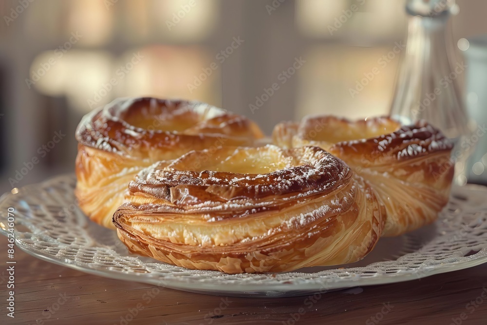 Craft a captivating wide-angle composition of a freshly baked pastry, emphasizing its buttery, melt-in-your-mouth goodness through a mix of traditional and digital techniques, Craft a captivating wide-angle composition of a freshly baked pastry, emphasizing its buttery, melt-in-your-mouth goodness through a mix of traditional and digital techniques,