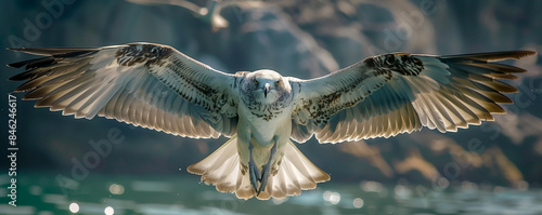 A bird with a white body and black wings is flying over the water. The bird's wingspan is large, and it is soaring through the air. Concept of freedom and grace