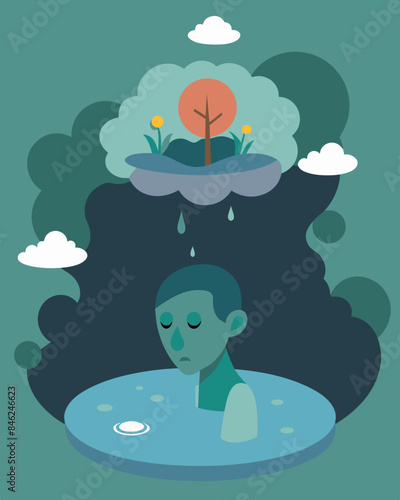 The individuals mind feels like a murky pond with the mental fog obscuring their true thoughts and feelings.. Vector illustration