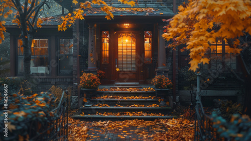 Autumn leaves swirling around the steps of a craftsman-style house  hinting at cozy evenings indoors.