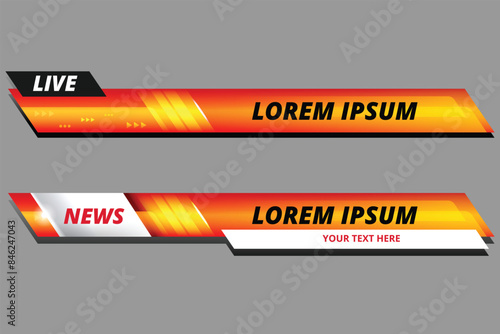 Newscast lower third banner.Set of vector lower third bar templates for breaking news,sports on television,video,media online,social media.Red Orange background