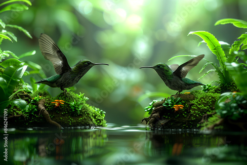 Two hummingbirds are flying over a pond. The birds are green and are in the middle of the pond