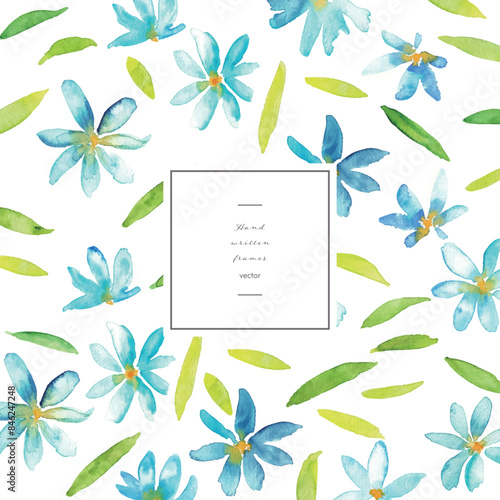 水彩画。水彩タッチの青い花と草木のベクターイラスト。夏の爽やかな植物イラスト背景フレーム。Watercolor painting. Vector illustration of blue flowers and plants with watercolor touch. Fresh summer botanical illustration background frame.