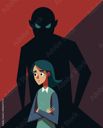 The shadowy figure behind the person seemed to mock and taunt revealing a ic and cruel personality that was hidden beneath a mask of normalcy.. Vector illustration