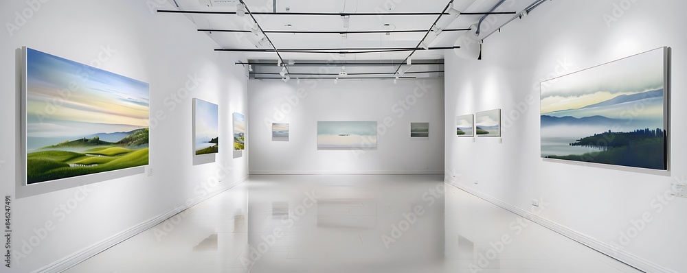 A chic art gallery with sleek lighting and white walls, showcasing a series of serene landscape paintings that evoke a sense of calm and peace. A chic art gallery with sleek lighting and white walls, showcasing a series of serene landscape paintings that evoke a sense of calm and peace.