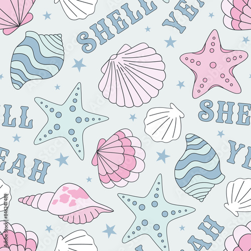 Shell Yeah vector seamless pattern. Coastal Western background.