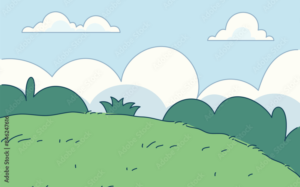 Fototapeta premium Cute Landscape with Green Grass and White Cloud. Kids poster background