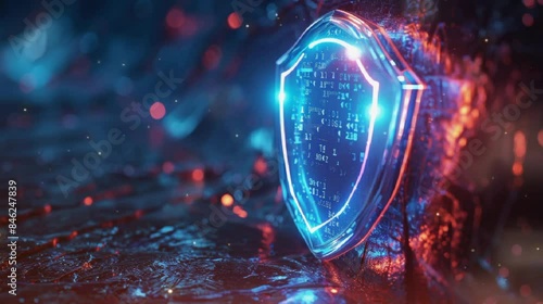 Animated digital padlock in shield on a futuristic blue background. Symbolizing cybersecurity and digital network protection 