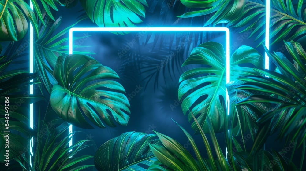 Vibrant green and blue neon light illuminating exotic tropical leaves in a lush jungle setting Vibrant green and blue neon light illuminating exotic tropical leaves in a lush jungle setting
