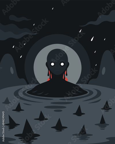The water is almost black tainted by the overwhelming amount of lies and halftruths that threaten to drown the person.. Vector illustration