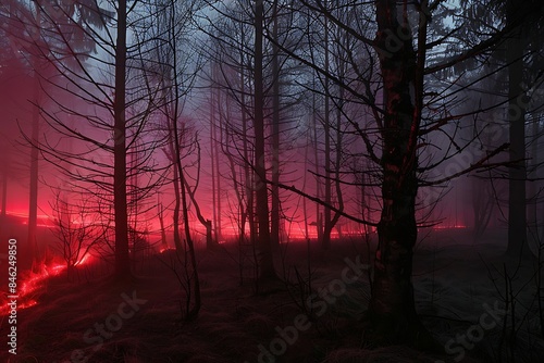 The eerie glow of a forest during a midnight fog