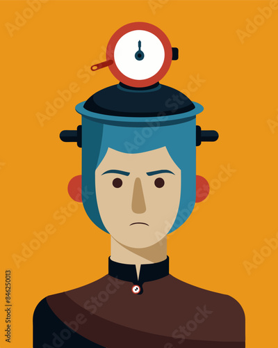 The persons head is a pressure cooker with the dial turned up to its maximum limit.. Vector illustration