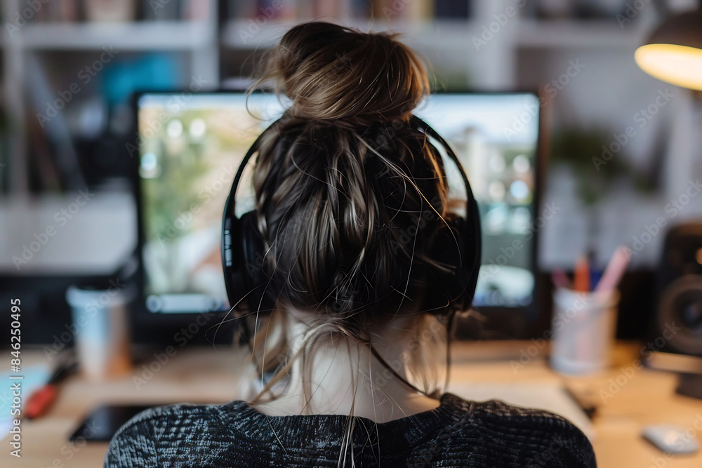 Young woman with headphones working on computer at desk, back view, focused in a cozy and organized home office setting with warm lighting Young woman with headphones working on computer at desk, back view, focused in a cozy and organized home office setting with warm lighting