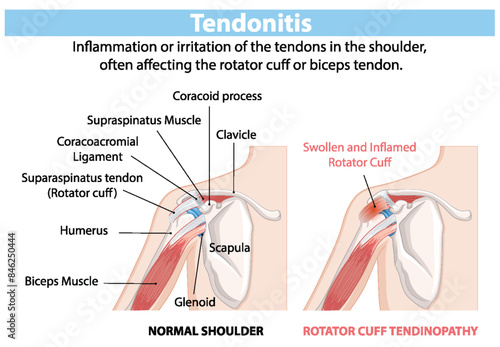 Illustration of normal and inflamed shoulder tendons