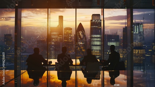 A business meeting in a high-rise office, with executives reviewing a financial report that highlights profitable opportunities, with a cityscape in the background.