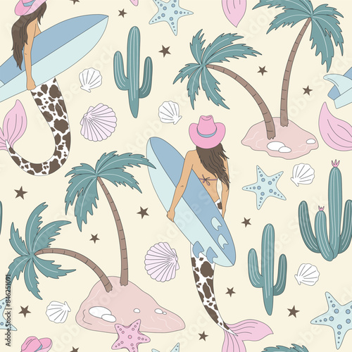 Coastal mermaid surfer Ocean cowgirl Palms Shells vector seamless pattern. Coastal rodeo background.
