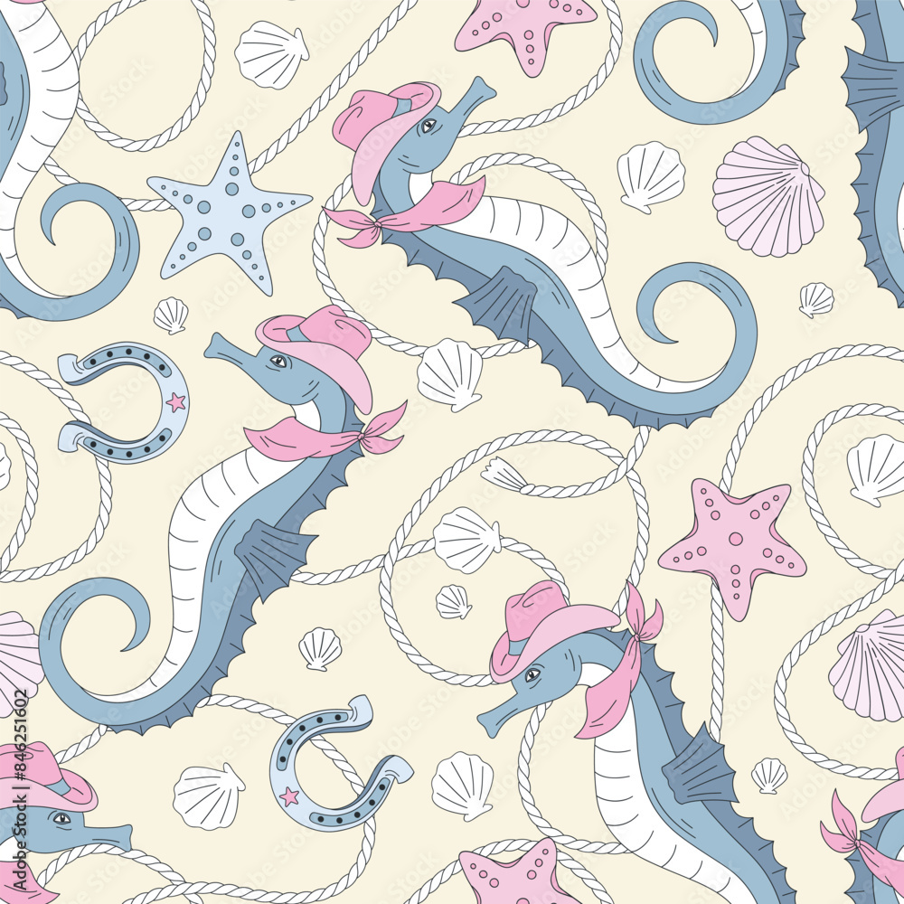 Howdy sea horse cowboy vector seamless pattern. Ocean western background. Howdy sea horse cowboy vector seamless pattern. Ocean western background.