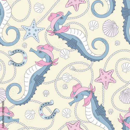 Howdy sea horse cowboy vector seamless pattern. Ocean western background.