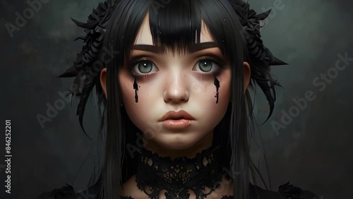 Digital art of gothic girl with horns and black tears. Dark beauty 3D render portrait of a gothic girl with pale skin and black ink tears running down her face photo