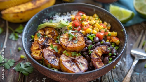 Treat yourself to a taste of the Caribbean with this mouthwatering plantain black bean bowl featuring roasted plantains a zesty black bean and corn salsa and a sprinkle of toasted coconut. © Justlight