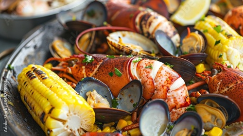 A seaside clambake the smoky aromas of charred lobster tails corn on the cob and butterdrenched clams mingling with the fresh ocean breeze. photo