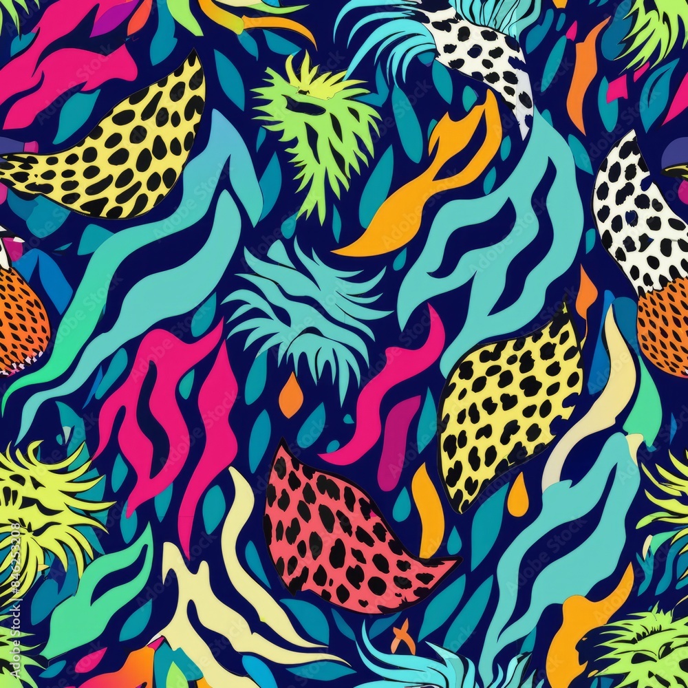 Fototapeta premium Seamless pattern of stylized animal prints with contemporary twists and vibrant colors, Generative AI