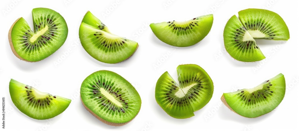 Fototapeta premium Sliced kiwi fruit segments isolated on white background.