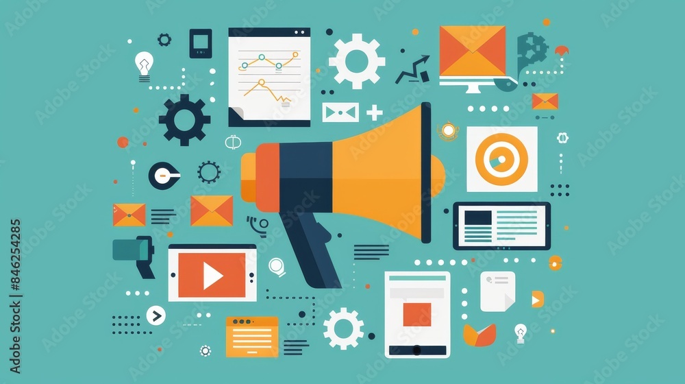 Illustration of various digital marketing tools and icons, including megaphone, graphs, and devices, representing online marketing strategies. Illustration of various digital marketing tools and icons, including megaphone, graphs, and devices, representing online marketing strategies.