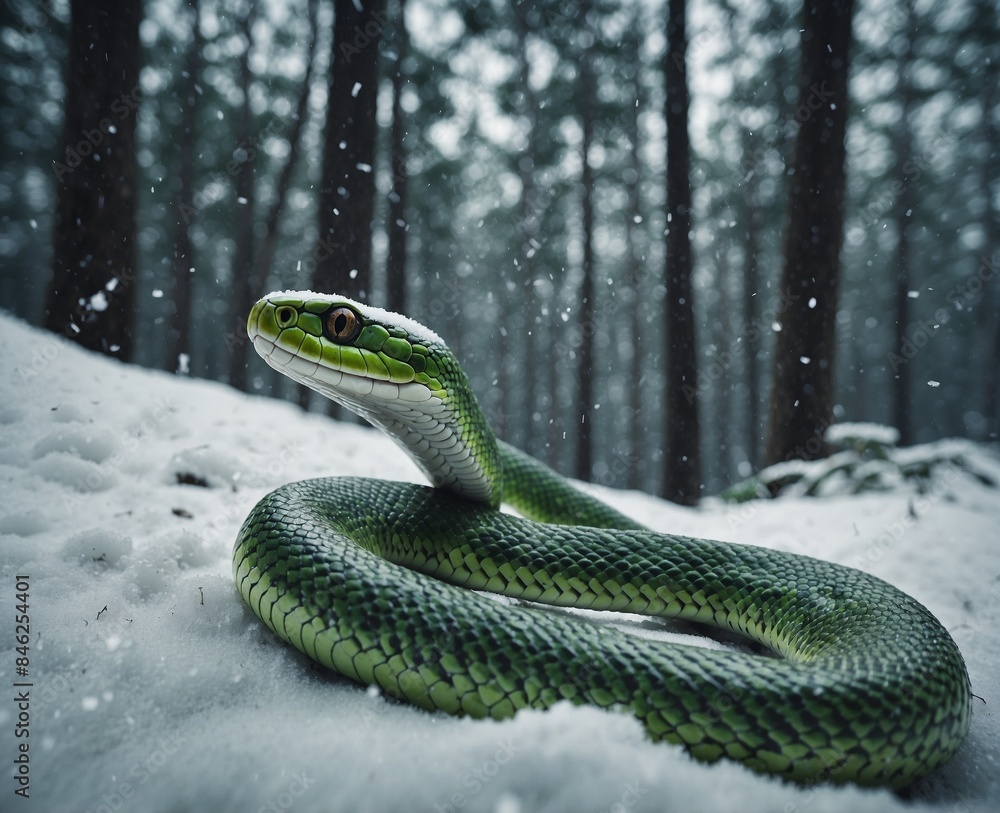 Fototapeta premium a green snake with a green head is in the snow