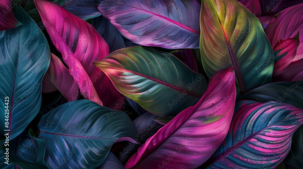Abstract colorful texture of spathiphyllum cannifolium leaves in dark tropical nature background Abstract colorful texture of spathiphyllum cannifolium leaves in dark tropical nature background
