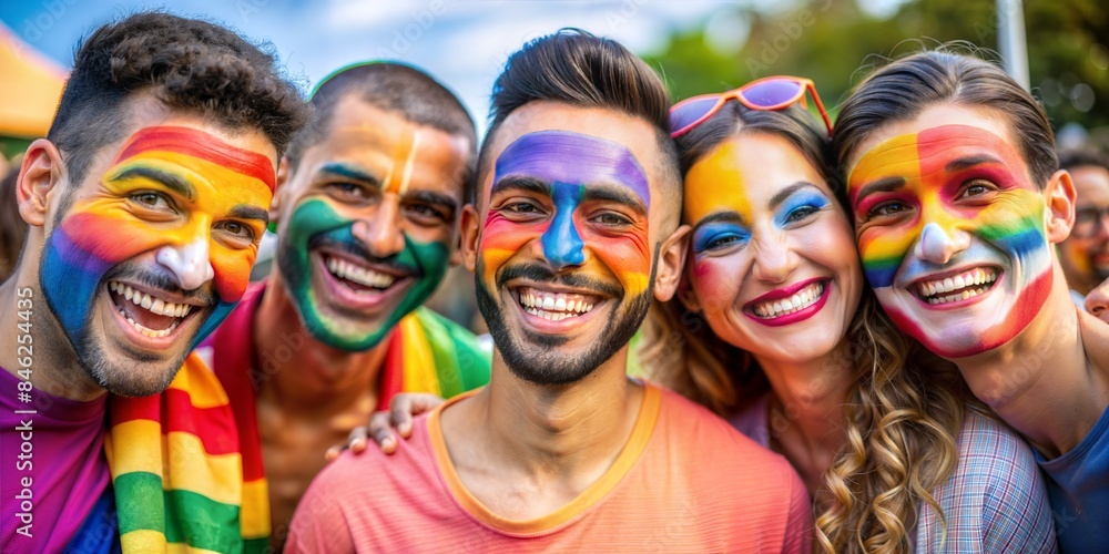 A group of friends with face paint in rainbow colors smiling and enjoying an outdoor LGBTQ pride festival A group of friends with face paint in rainbow colors smiling and enjoying an outdoor LGBTQ pride festival