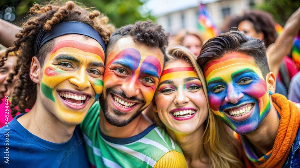 A group of friends with face paint in rainbow colors smiling and enjoying an outdoor LGBTQ pride festival A group of friends with face paint in rainbow colors smiling and enjoying an outdoor LGBTQ pride festival