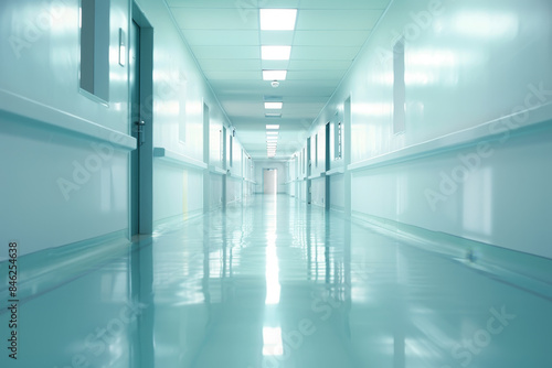 A long hallway with a white wall and a blue floor