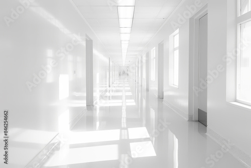 A long hallway with white walls and white floors