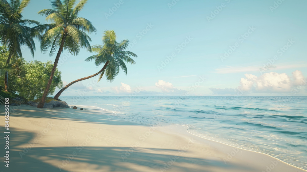 A tropical beach with palm trees and a body of water A tropical beach with palm trees and a body of water