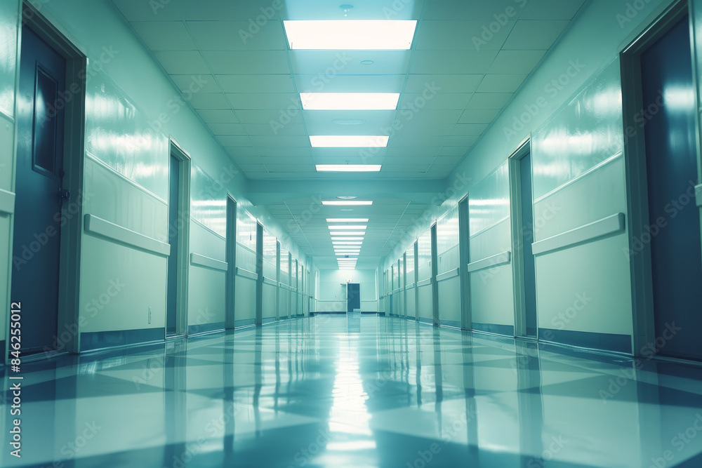 A long hallway with white walls and blue floors A long hallway with white walls and blue floors