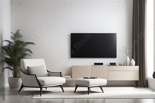  Mockup of a TV wall mounted with an armchair in the living room with a white wall design.  © Five Million Stocks