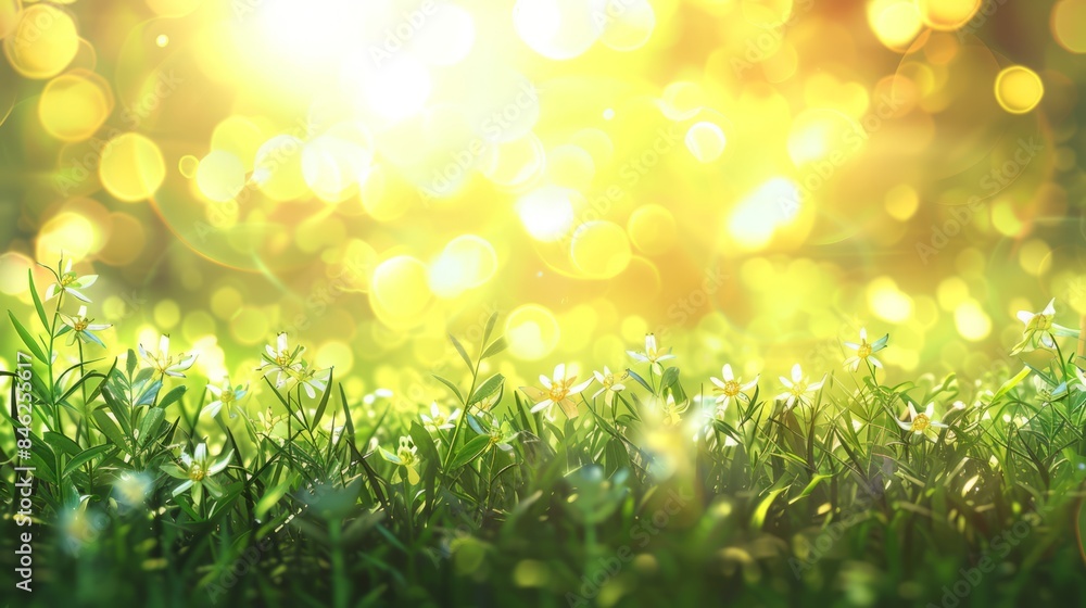 Obraz premium Serene Natural Grass Background with Blurred Bokeh and Radiant Sunlight, Capturing the Beauty of a Sunny Meadow with Dew-Kissed Blades and Soft, Dreamy Focus