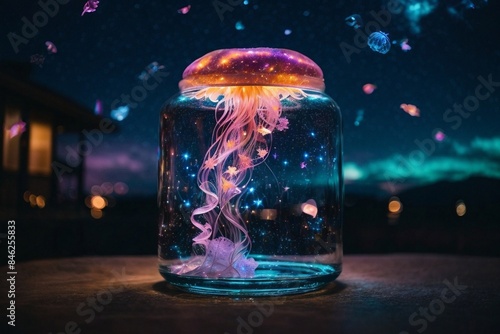 Glowing jellyfish in glass jar at night