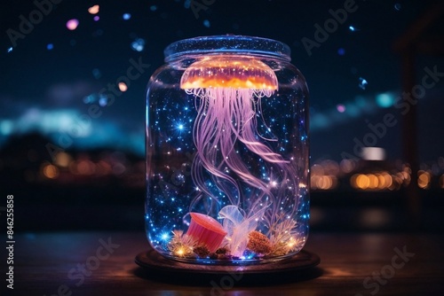 Glowing jellyfish in a jar with starry night background