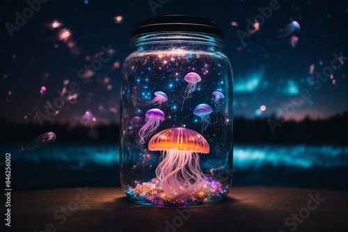 Glowing jellyfish in a jar with colorful sparks at night